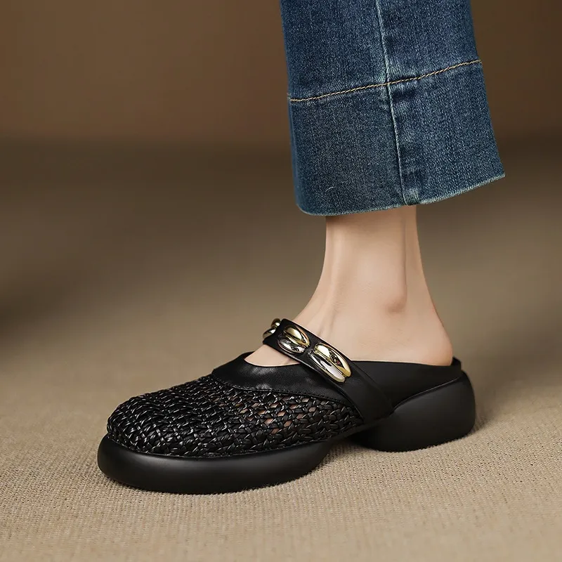Spring/Summer Slippers, Round Toe, Thick Sole, Chunky Heel, Closed Toe, Hollow Out Cowhide Fashion Shoes for Women