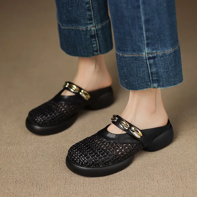 Spring/Summer Slippers, Round Toe, Thick Sole, Chunky Heel, Closed Toe, Hollow Out Cowhide Fashion Shoes for Women