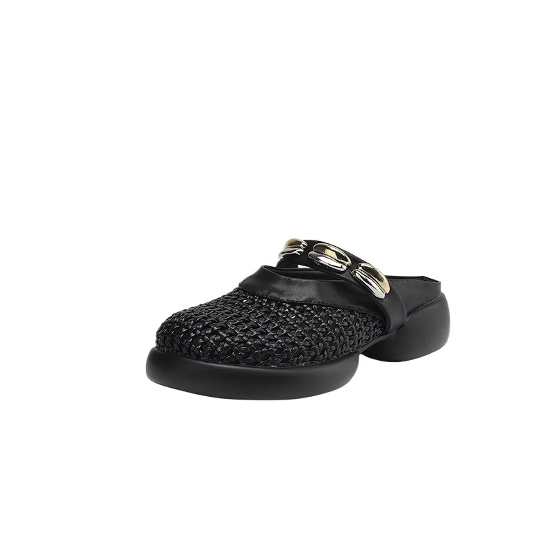Spring/Summer Slippers, Round Toe, Thick Sole, Chunky Heel, Closed Toe, Hollow Out Cowhide Fashion Shoes for Women