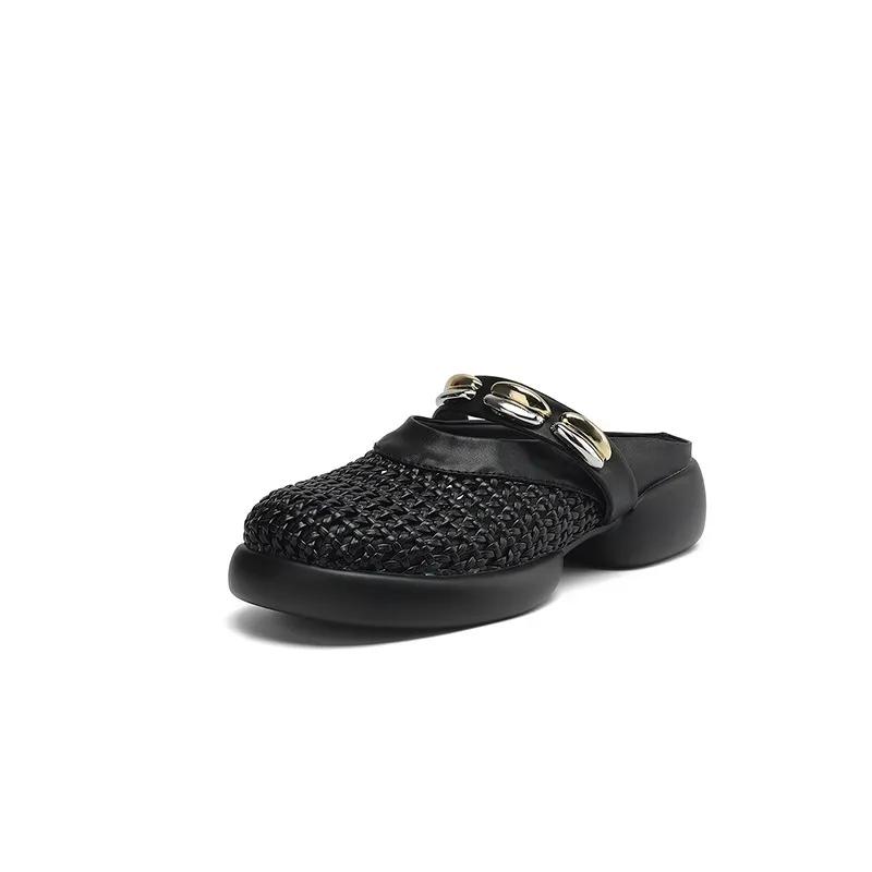 Spring/Summer Slippers, Round Toe, Thick Sole, Chunky Heel, Closed Toe, Hollow Out Cowhide Fashion Shoes for Women