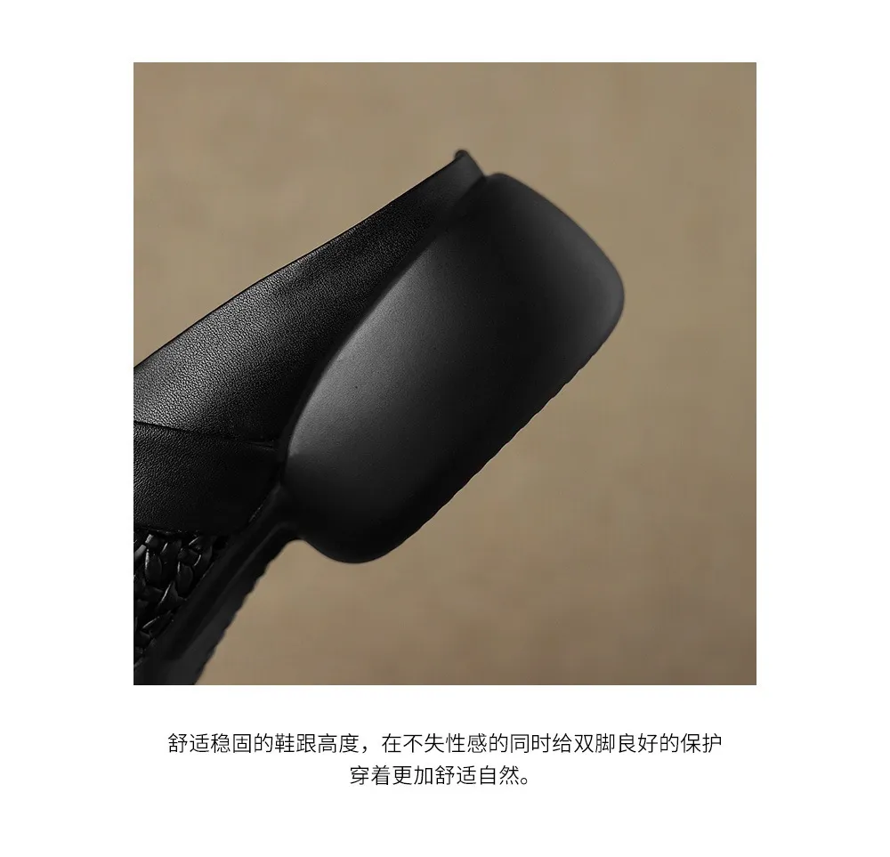 Spring/Summer Slippers, Round Toe, Thick Sole, Chunky Heel, Closed Toe, Hollow Out Cowhide Fashion Shoes for Women