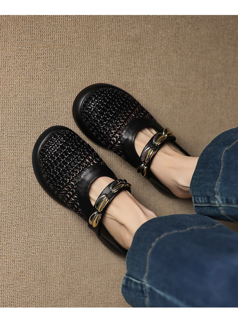 Spring/Summer Slippers, Round Toe, Thick Sole, Chunky Heel, Closed Toe, Hollow Out Cowhide Fashion Shoes for Women