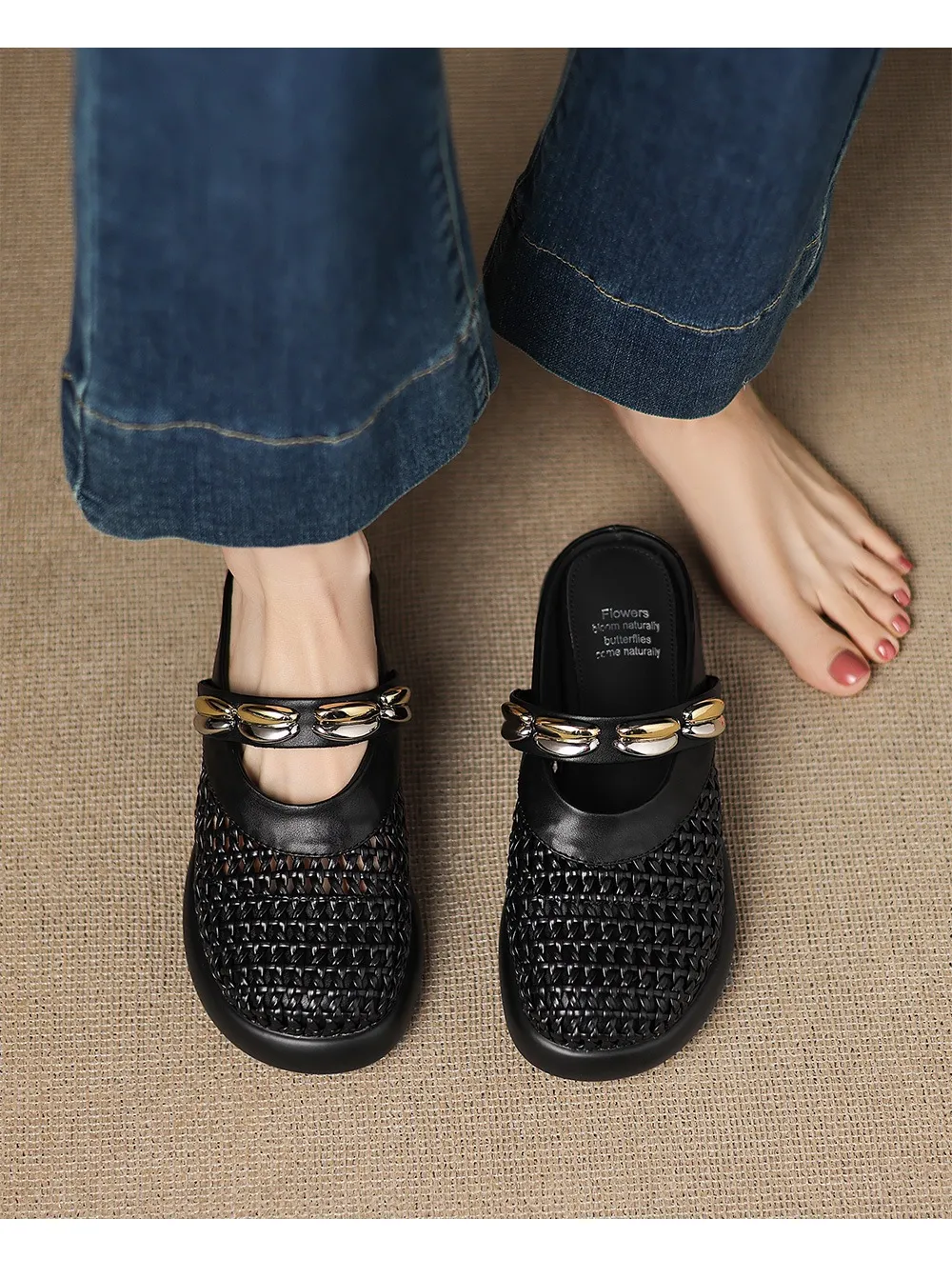 Spring/Summer Slippers, Round Toe, Thick Sole, Chunky Heel, Closed Toe, Hollow Out Cowhide Fashion Shoes for Women