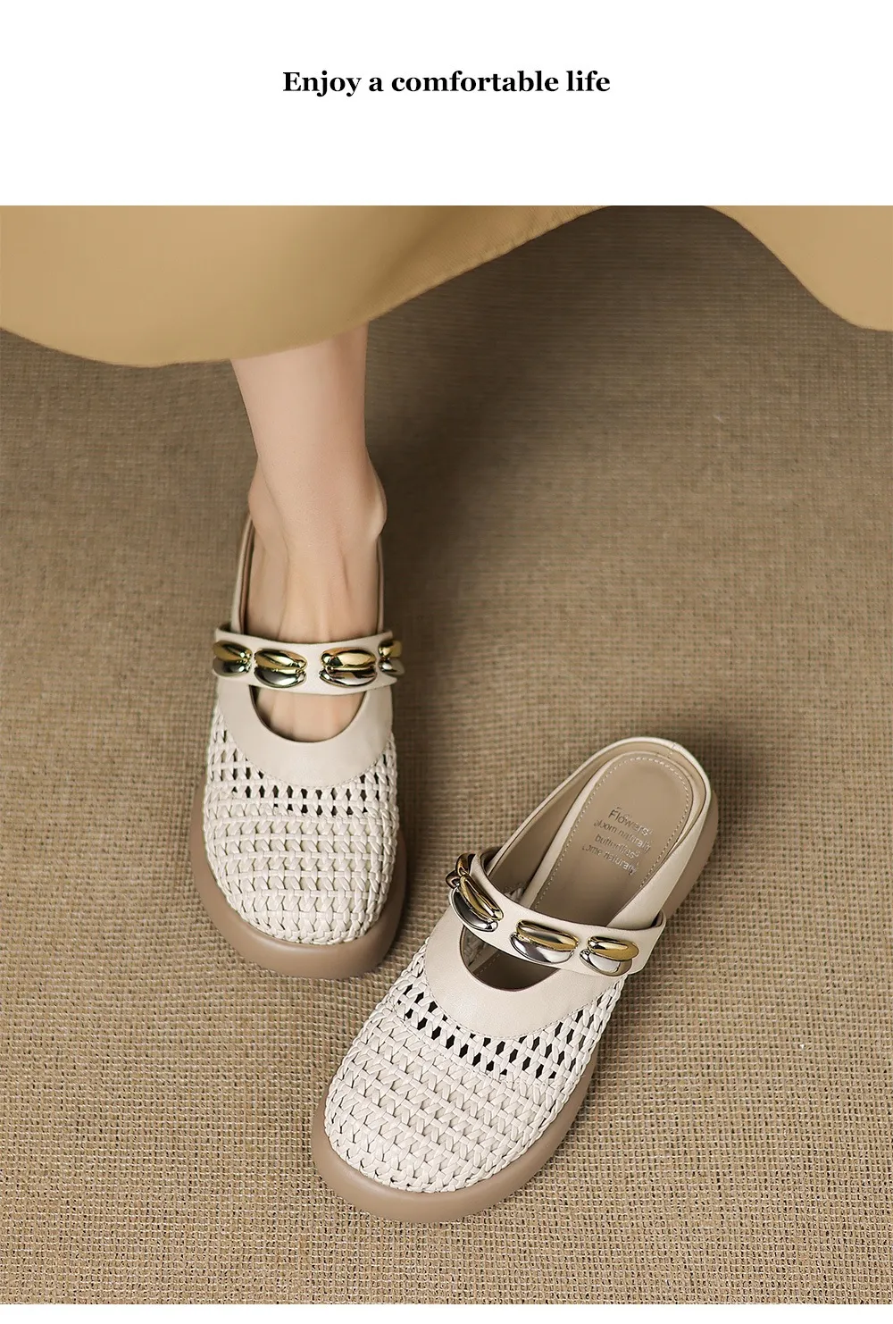 Spring/Summer Slippers, Round Toe, Thick Sole, Chunky Heel, Closed Toe, Hollow Out Cowhide Fashion Shoes for Women