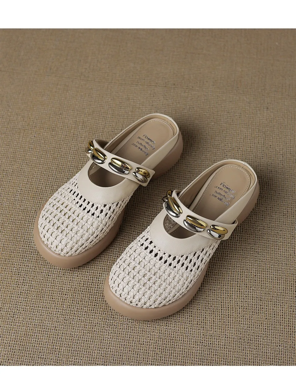 Spring/Summer Slippers, Round Toe, Thick Sole, Chunky Heel, Closed Toe, Hollow Out Cowhide Fashion Shoes for Women