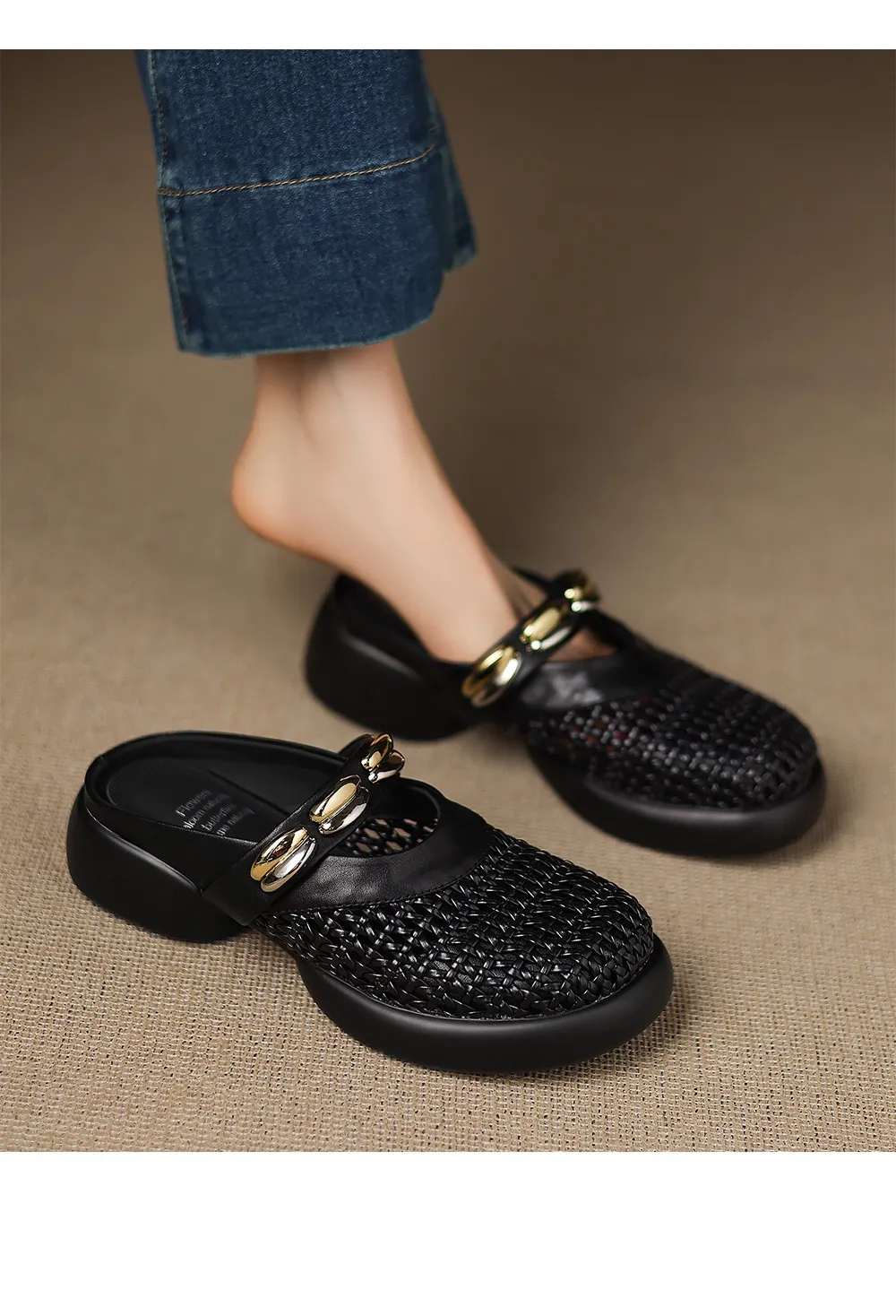 Spring/Summer Slippers, Round Toe, Thick Sole, Chunky Heel, Closed Toe, Hollow Out Cowhide Fashion Shoes for Women