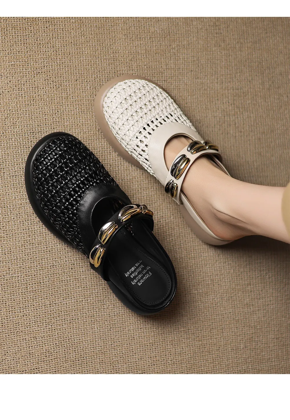 Spring/Summer Slippers, Round Toe, Thick Sole, Chunky Heel, Closed Toe, Hollow Out Cowhide Fashion Shoes for Women
