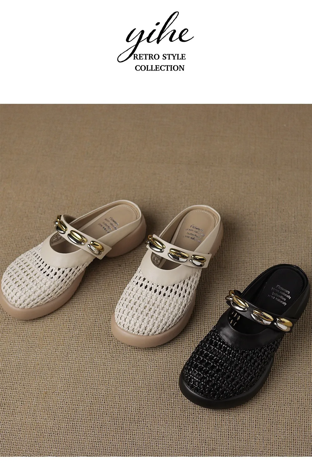 Spring/Summer Slippers, Round Toe, Thick Sole, Chunky Heel, Closed Toe, Hollow Out Cowhide Fashion Shoes for Women