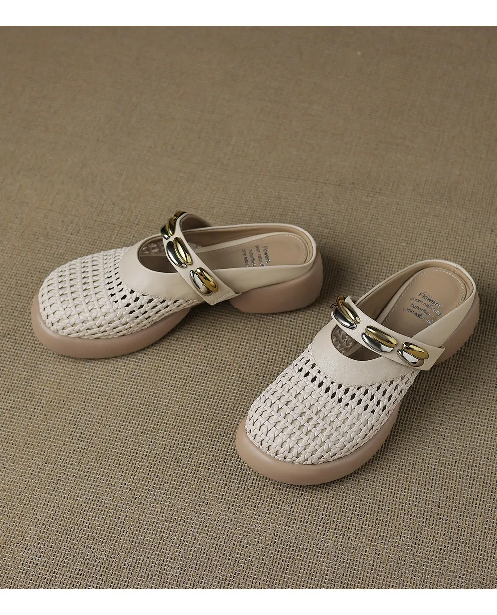 Spring/Summer Slippers, Round Toe, Thick Sole, Chunky Heel, Closed Toe, Hollow Out Cowhide Fashion Shoes for Women