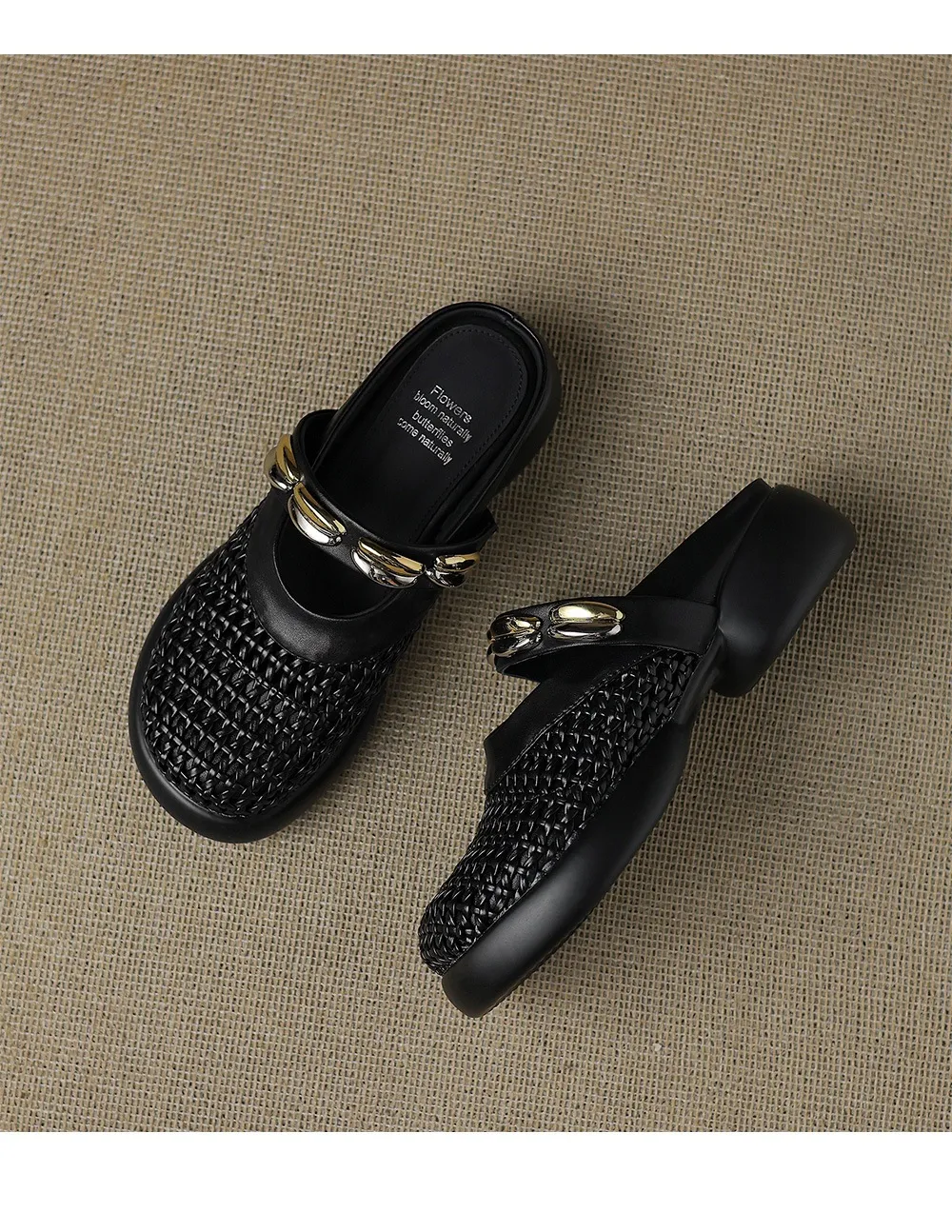 Spring/Summer Slippers, Round Toe, Thick Sole, Chunky Heel, Closed Toe, Hollow Out Cowhide Fashion Shoes for Women