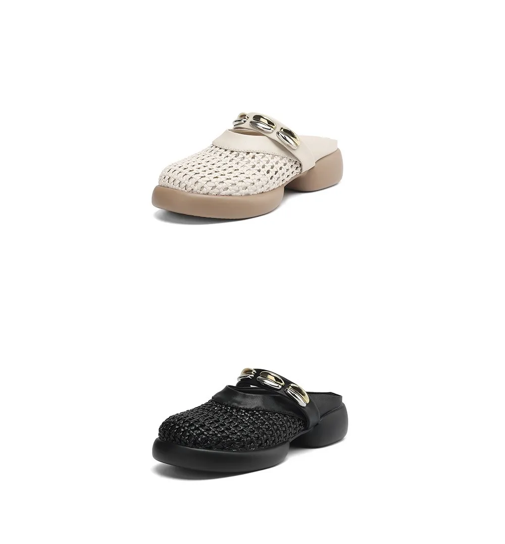 Spring/Summer Slippers, Round Toe, Thick Sole, Chunky Heel, Closed Toe, Hollow Out Cowhide Fashion Shoes for Women