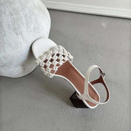 Spring/Summer Round Toe Buckle Sandals Chunky Heel High Heels Lambskin Fashion Woven Women's Shoes