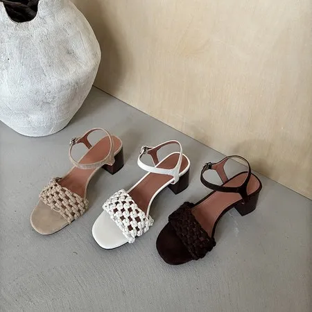 Spring/Summer Round Toe Buckle Sandals Chunky Heel High Heels Lambskin Fashion Woven Women's Shoes