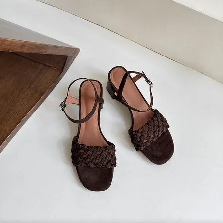 Spring/Summer Round Toe Buckle Sandals Chunky Heel High Heels Lambskin Fashion Woven Women's Shoes