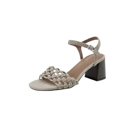 Spring/Summer Round Toe Buckle Sandals Chunky Heel High Heels Lambskin Fashion Woven Women's Shoes