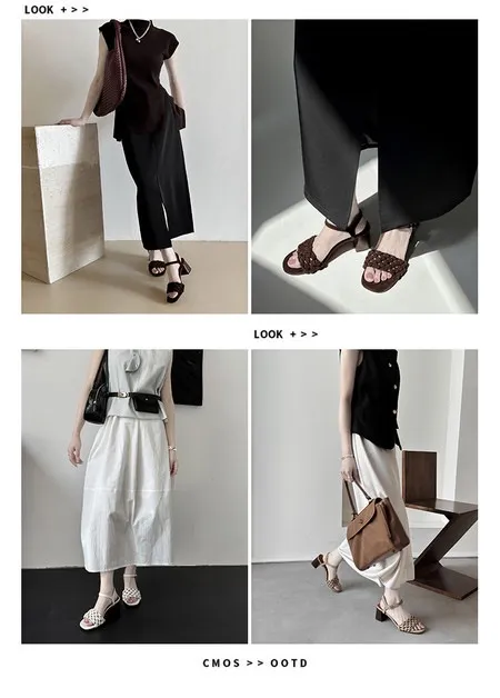 Spring/Summer Round Toe Buckle Sandals Chunky Heel High Heels Lambskin Fashion Woven Women's Shoes