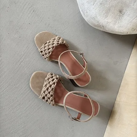 Spring/Summer Round Toe Buckle Sandals Chunky Heel High Heels Lambskin Fashion Woven Women's Shoes