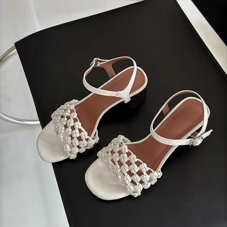 Spring/Summer Round Toe Buckle Sandals Chunky Heel High Heels Lambskin Fashion Woven Women's Shoes