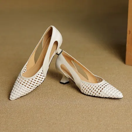 Spring/Summer Pointed Toe Sandals Chunky Heel High Heels Openwork Woven Leather Women's Shoes