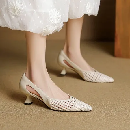 Spring/Summer Pointed Toe Sandals Chunky Heel High Heels Openwork Woven Leather Women's Shoes