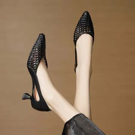 Spring/Summer Pointed Toe Sandals Chunky Heel High Heels Openwork Woven Leather Women's Shoes