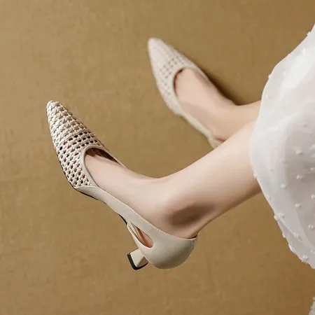 Spring/Summer Pointed Toe Sandals Chunky Heel High Heels Openwork Woven Leather Women's Shoes