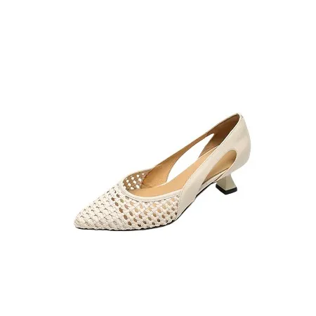 Spring/Summer Pointed Toe Sandals Chunky Heel High Heels Openwork Woven Leather Women's Shoes