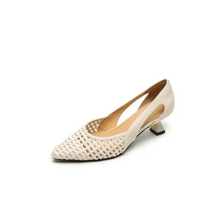 Spring/Summer Pointed Toe Sandals Chunky Heel High Heels Openwork Woven Leather Women's Shoes