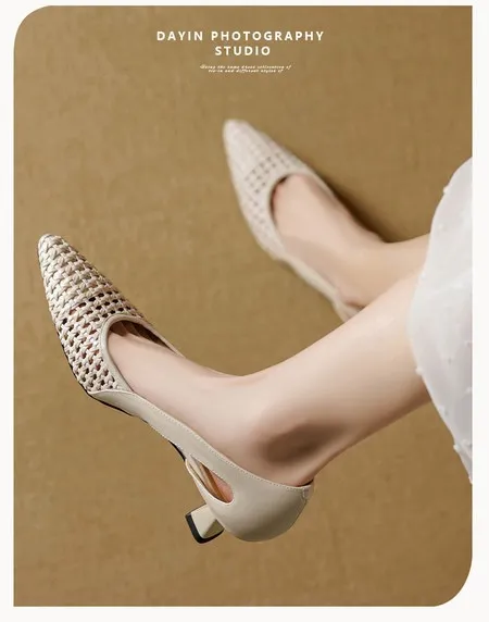 Spring/Summer Pointed Toe Sandals Chunky Heel High Heels Openwork Woven Leather Women's Shoes