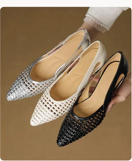 Spring/Summer Pointed Toe Sandals Chunky Heel High Heels Openwork Woven Leather Women's Shoes
