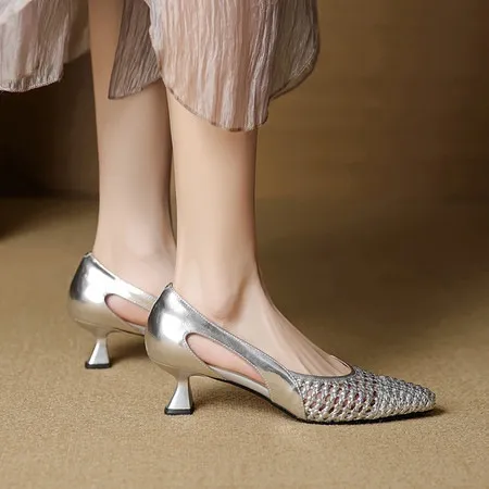 Spring/Summer Pointed Toe Sandals Chunky Heel High Heels Openwork Woven Leather Women's Shoes