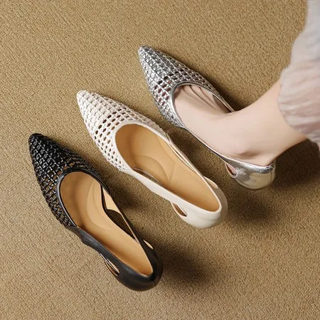 Spring/Summer Pointed Toe Sandals Chunky Heel High Heels Openwork Woven Leather Women's Shoes
