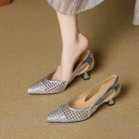 Spring/Summer Pointed Toe Sandals Chunky Heel High Heels Openwork Woven Leather Women's Shoes