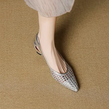 Spring/Summer Pointed Toe Sandals Chunky Heel High Heels Openwork Woven Leather Women's Shoes