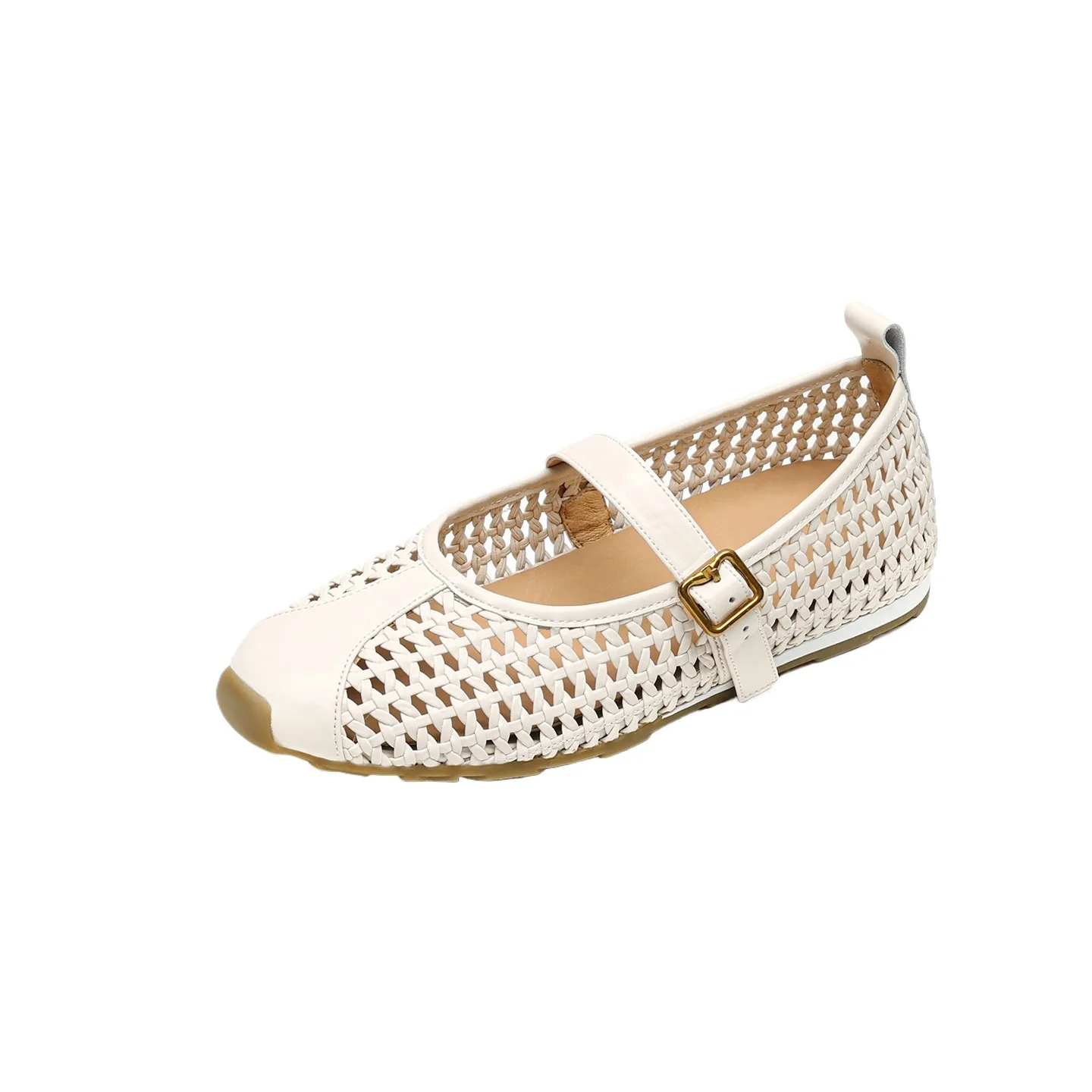 Flat-heeled cowhide openwork women's shoes, spring and summer round toe single shoes