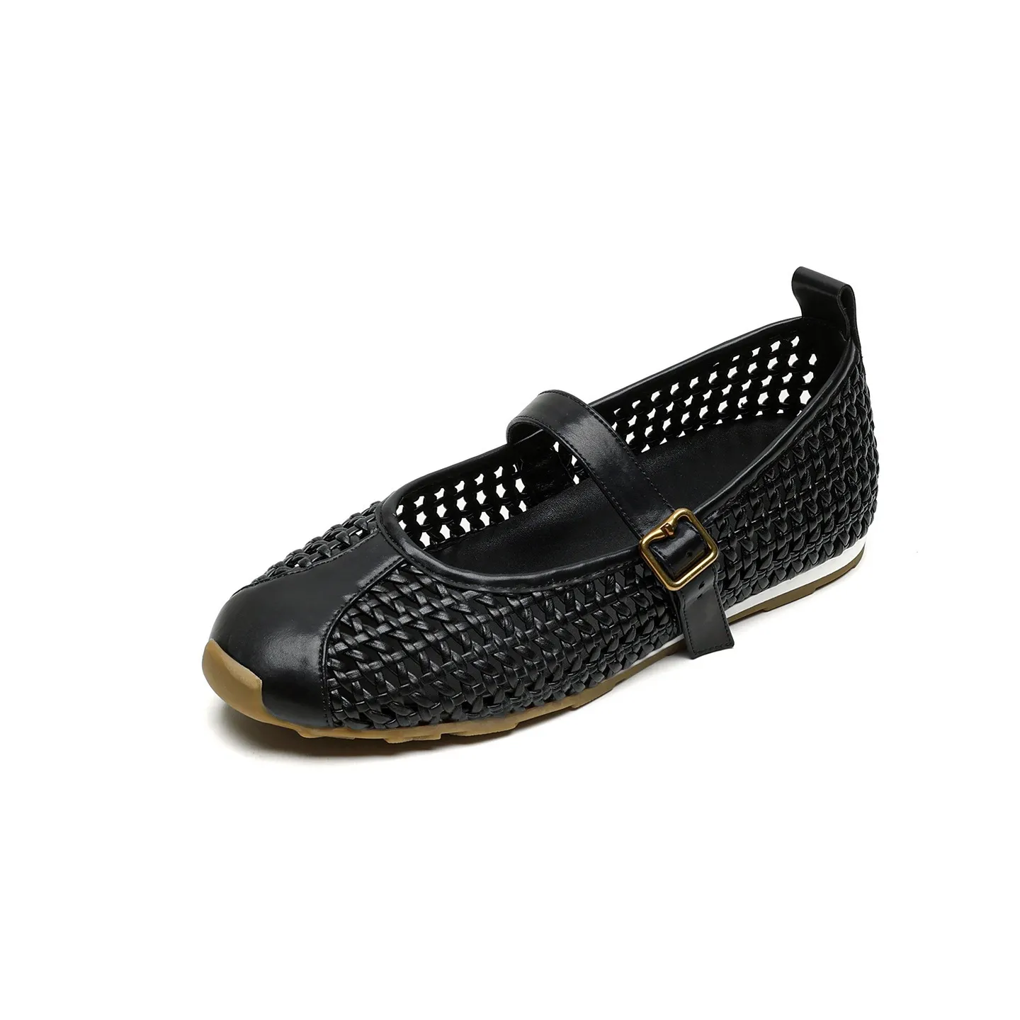 Flat-heeled cowhide openwork women's shoes, spring and summer round toe single shoes