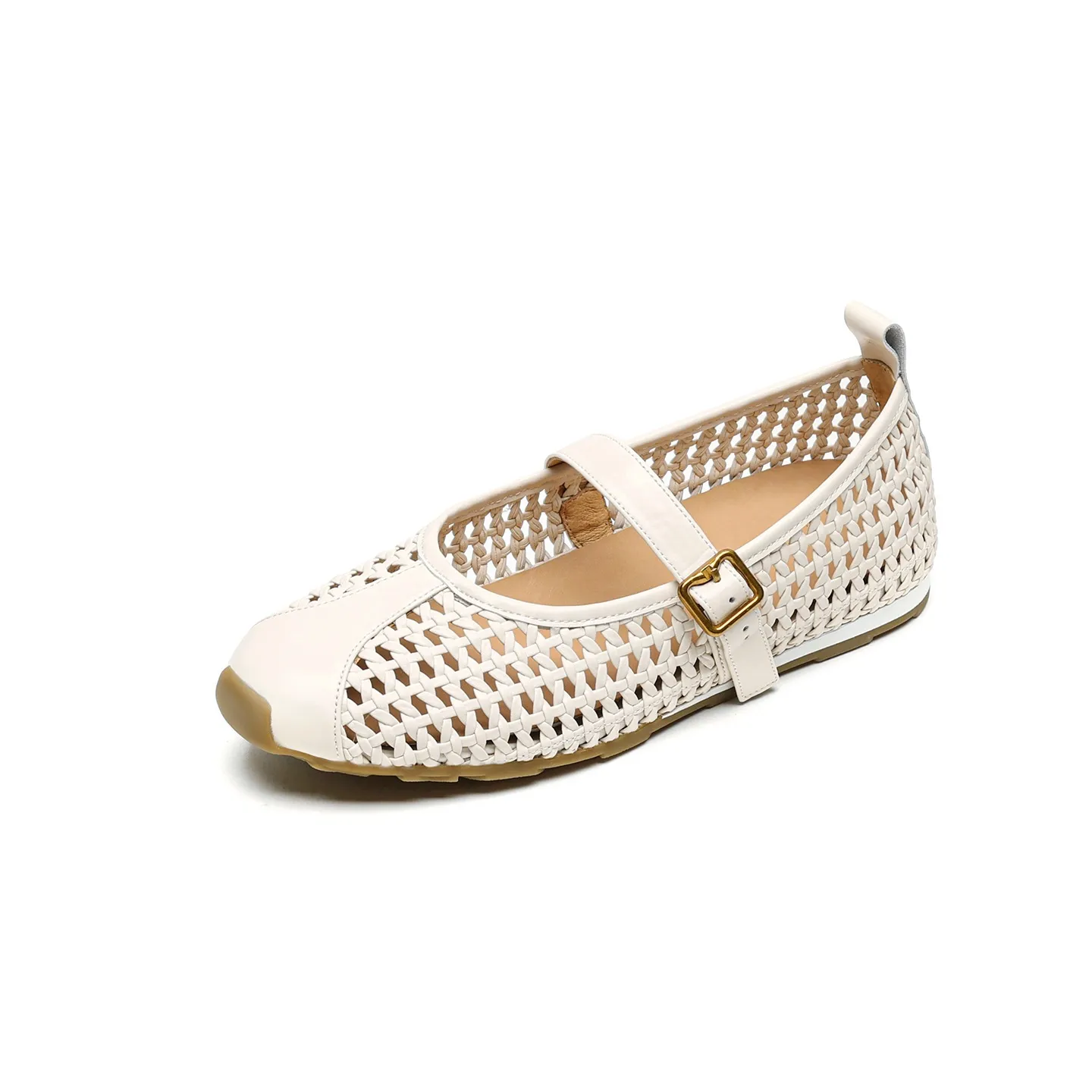 Flat-heeled cowhide openwork women's shoes, spring and summer round toe single shoes