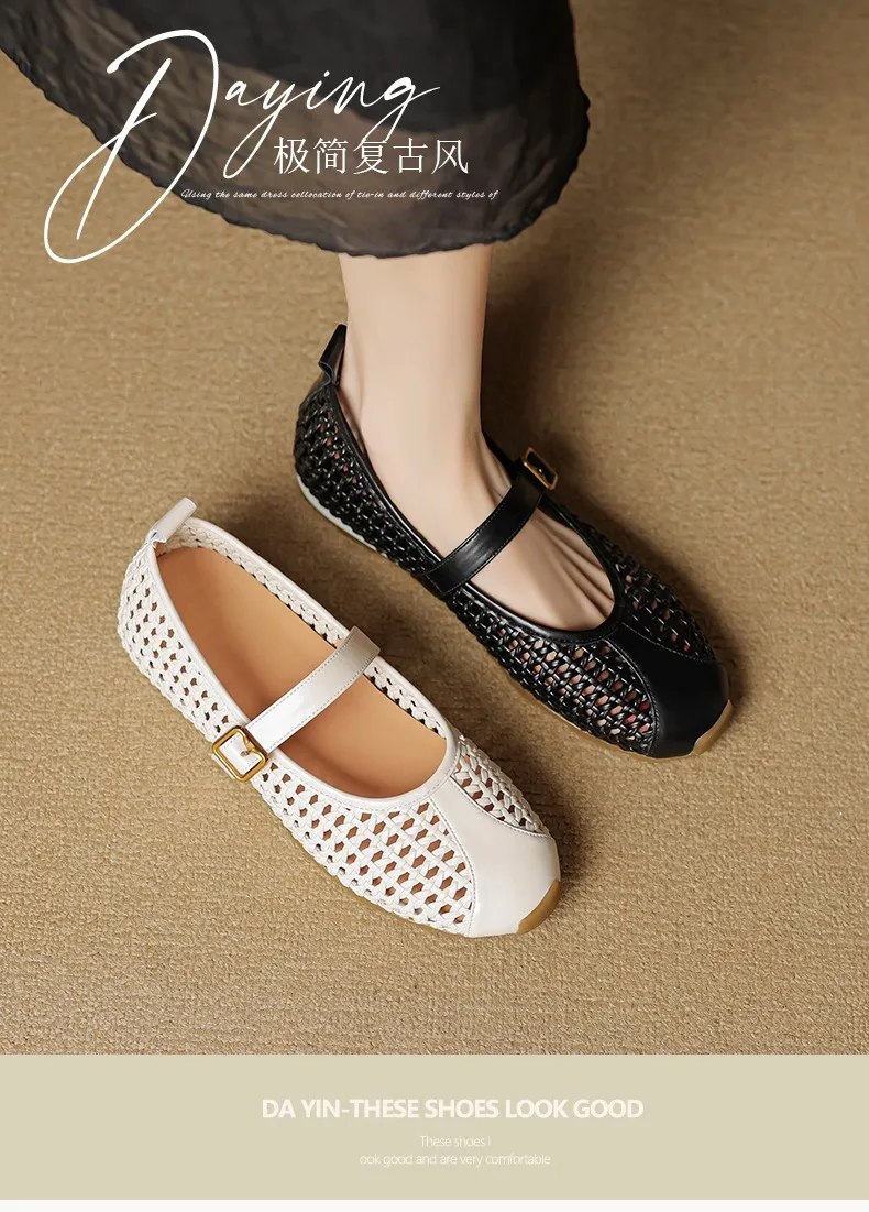 Flat-heeled cowhide openwork women's shoes, spring and summer round toe single shoes