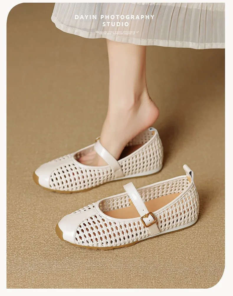 Flat-heeled cowhide openwork women's shoes, spring and summer round toe single shoes