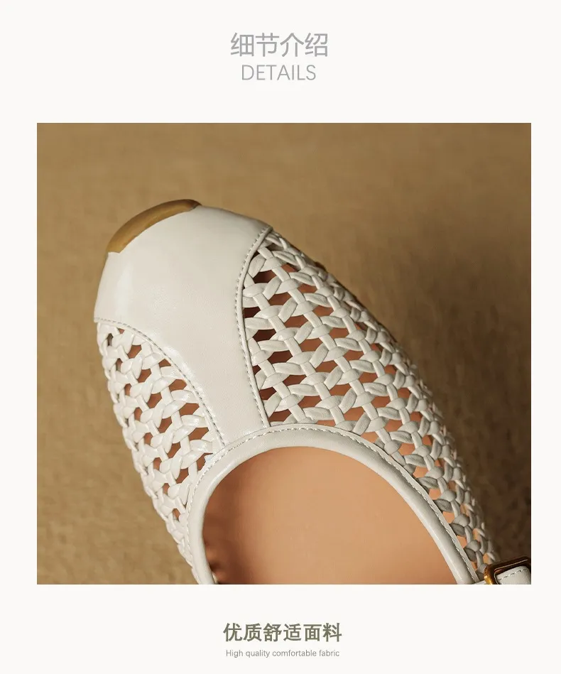 Flat-heeled cowhide openwork women's shoes, spring and summer round toe single shoes