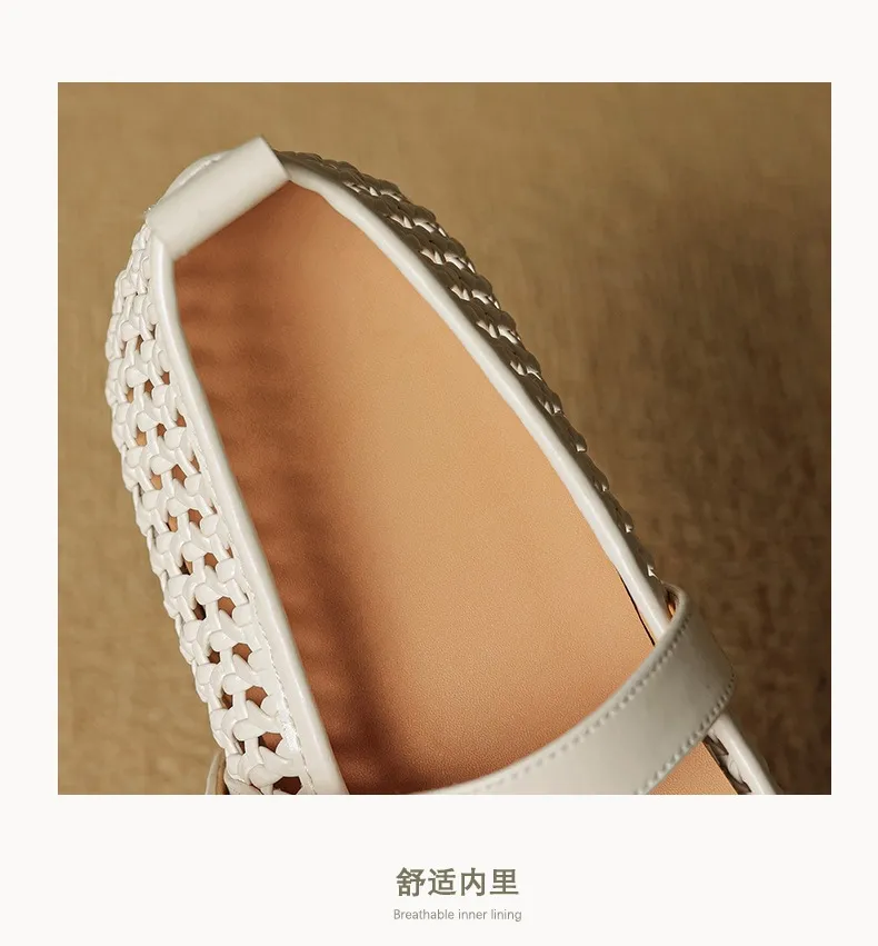 Flat-heeled cowhide openwork women's shoes, spring and summer round toe single shoes