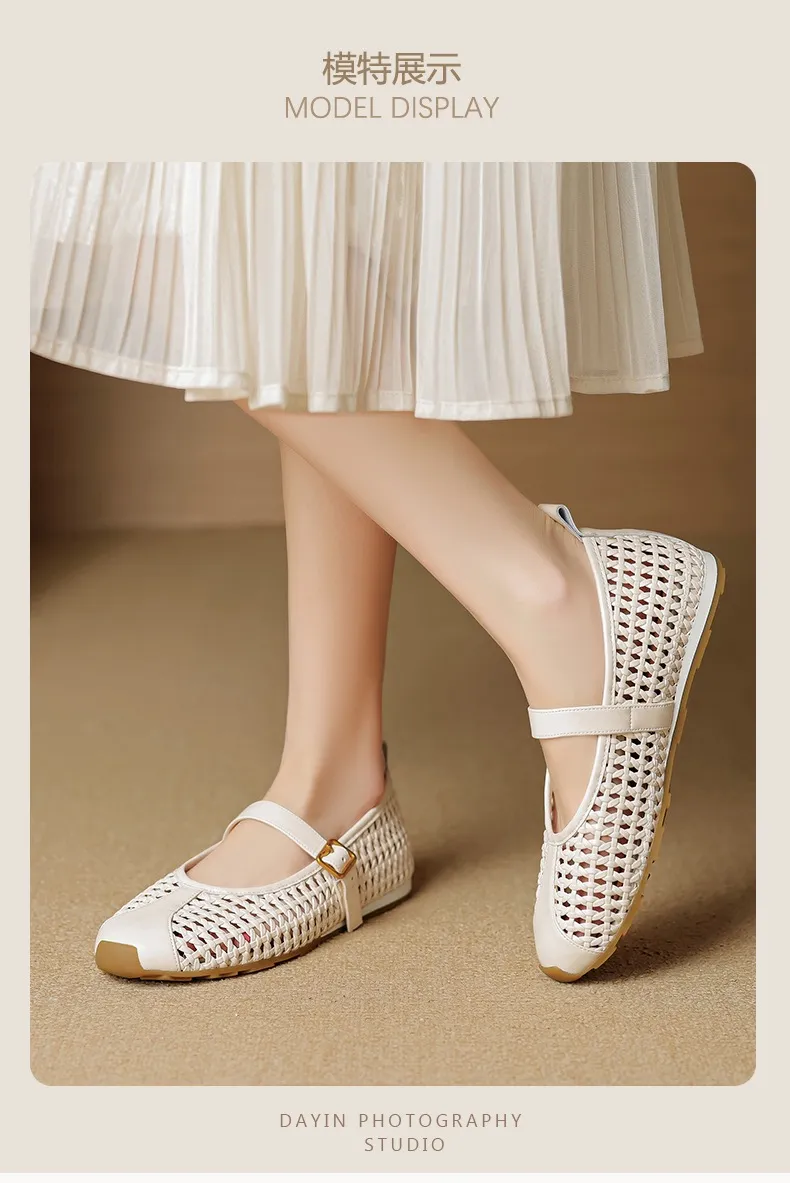 Flat-heeled cowhide openwork women's shoes, spring and summer round toe single shoes