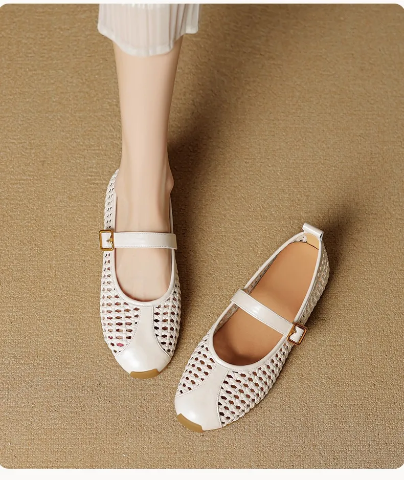 Flat-heeled cowhide openwork women's shoes, spring and summer round toe single shoes