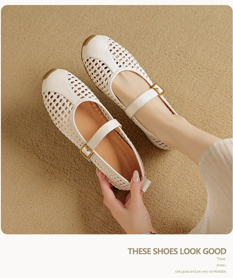 Flat-heeled cowhide openwork women's shoes, spring and summer round toe single shoes
