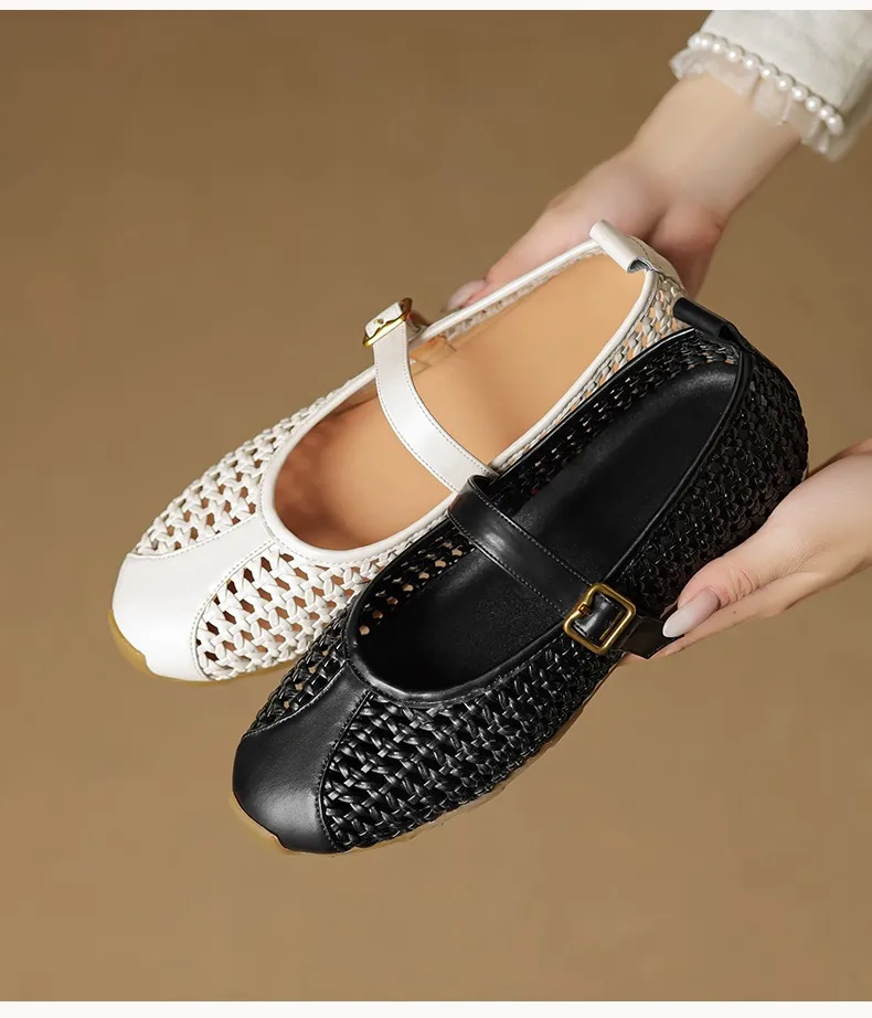 Flat-heeled cowhide openwork women's shoes, spring and summer round toe single shoes
