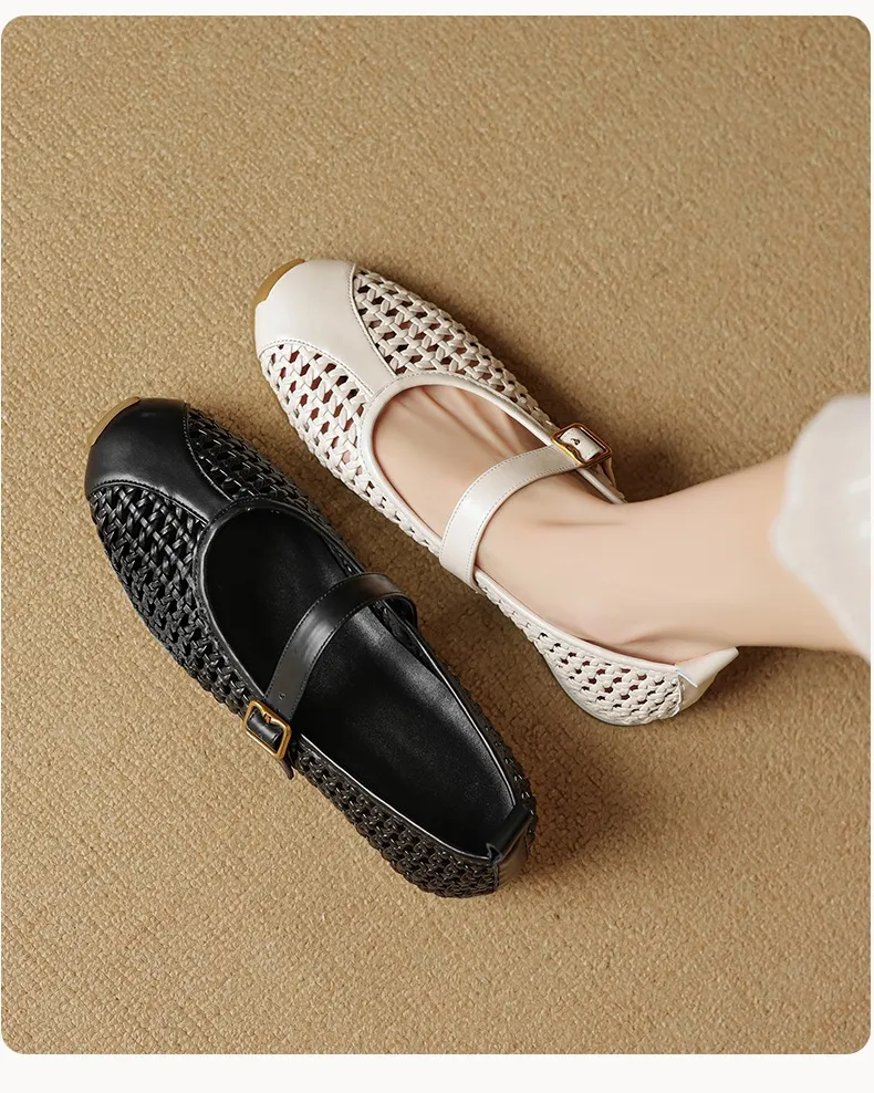 Flat-heeled cowhide openwork women's shoes, spring and summer round toe single shoes