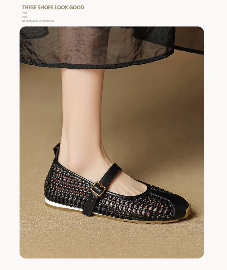 Flat-heeled cowhide openwork women's shoes, spring and summer round toe single shoes