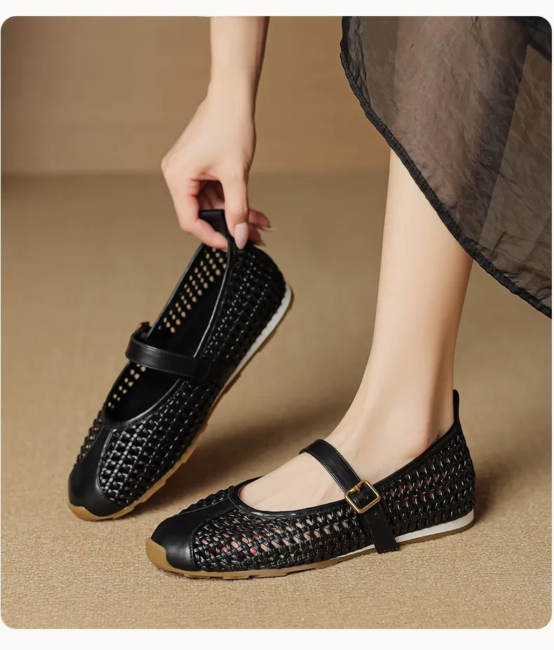 Flat-heeled cowhide openwork women's shoes, spring and summer round toe single shoes