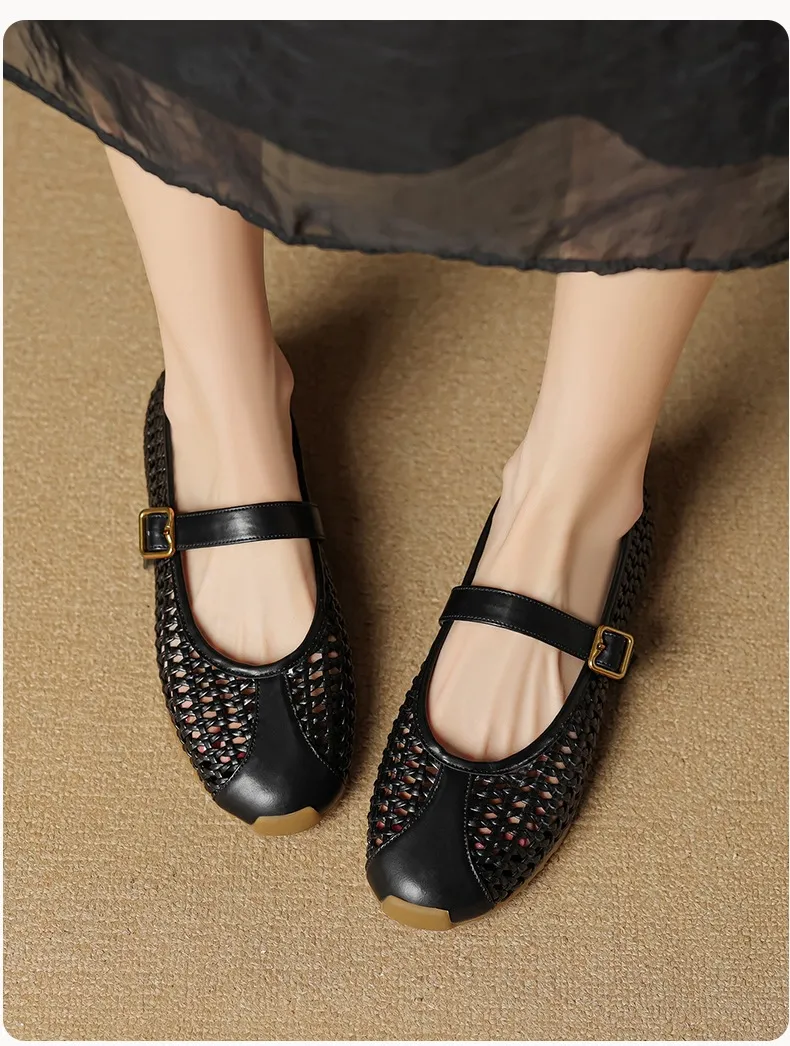 Flat-heeled cowhide openwork women's shoes, spring and summer round toe single shoes