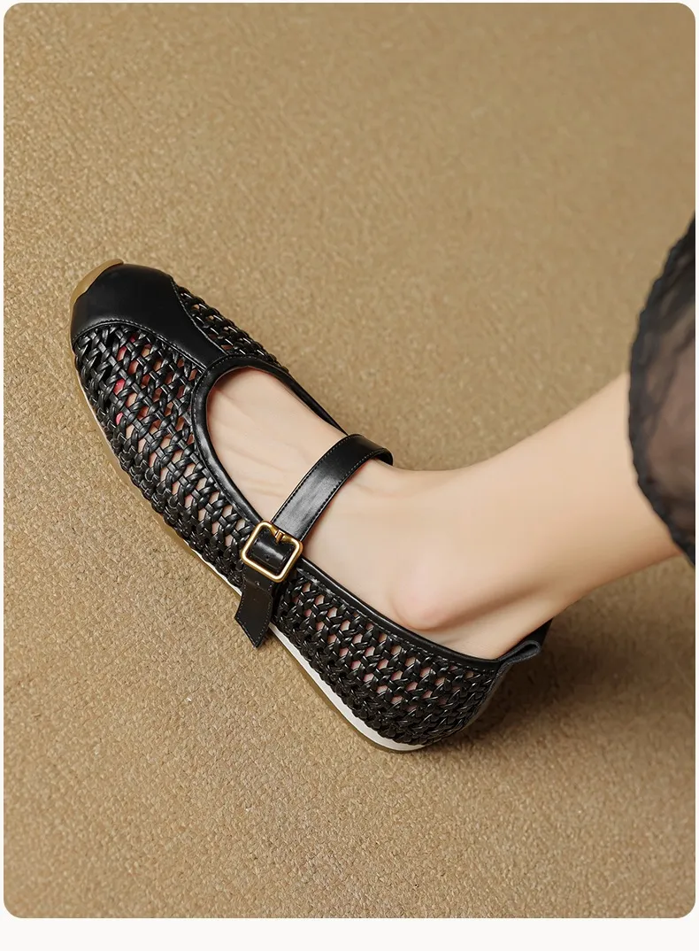 Flat-heeled cowhide openwork women's shoes, spring and summer round toe single shoes